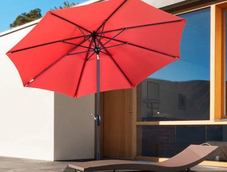 Tempera 9 ft Auto-Tilt Patio Umbrella Outdoor Garden Table Umbrella, 8 Steel Ribs, Rust Red