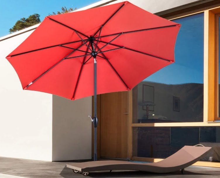 Tempera 9 ft Auto-Tilt Patio Umbrella Outdoor Garden Table Umbrella, 8 Steel Ribs, Rust Red