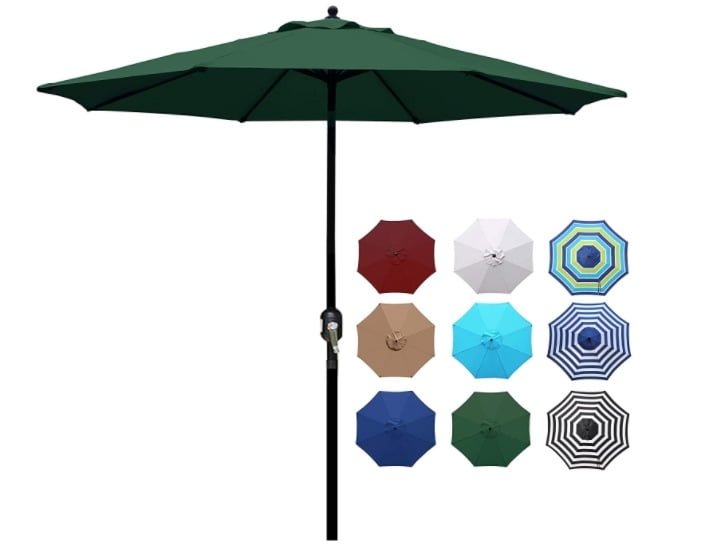 Blissun 9' Outdoor Aluminum Patio Umbrella, Striped Patio Umbrella, Market with Push Button Tilt and Crank (Dark Green)
