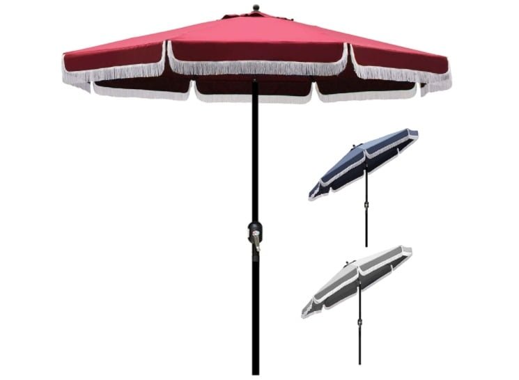 Blissun 9' Outdoor Patio Umbrella with Fringe, Aluminum Manual Push Button Tilt and Crank Garden Parasol