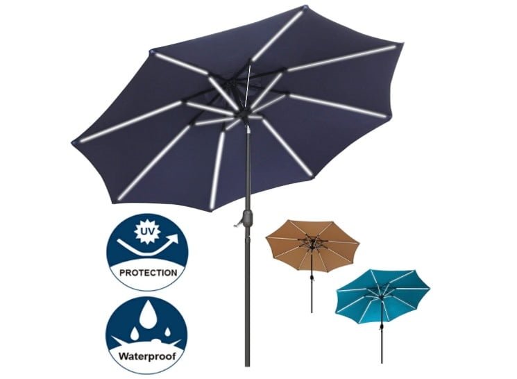 Blissun 9 ft Solar Powered LED Lighted Umbrella Patio Umbrella Table Market Umbrella with Push-Button Tilt & Crank