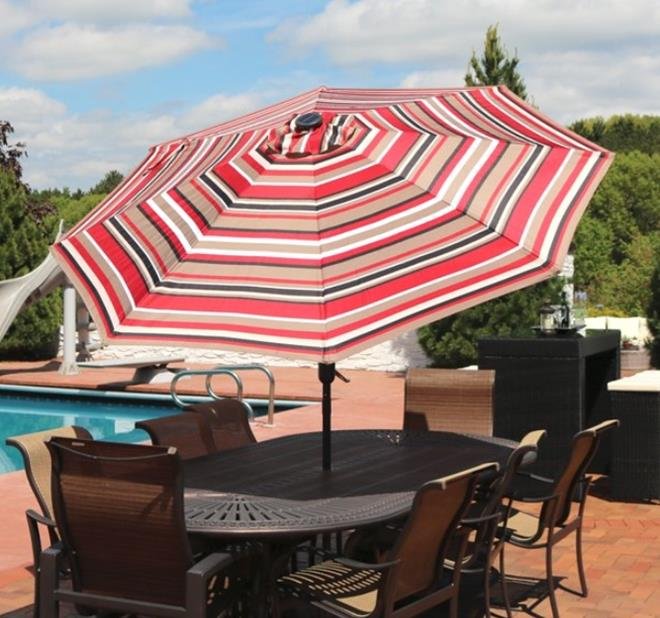 Sunnydaze 9-Foot Aluminum Solar LED Lighted Umbrella - Awning Stripe