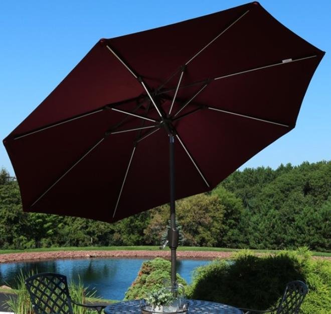 Sunnydaze 9-Foot Solar Powered LED Lighted Spun-Poly Market Umbrella with Push-Button Tilt and Crank - Burgundy