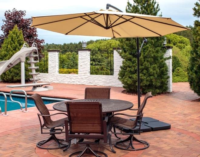 Sunnydaze Steel 10-Foot Offset Patio Umbrella with Cantilever, Crank, and Cross Base, 8 Steel Ribs