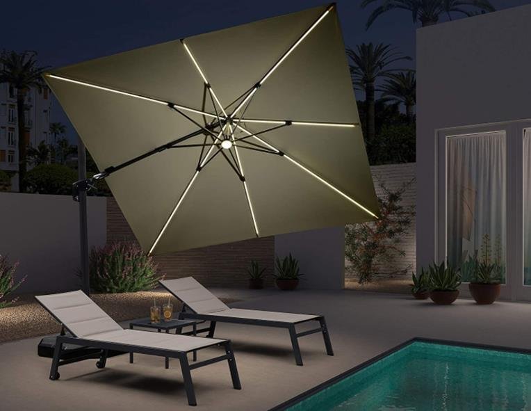 Purple Leaf 10 Feet Patio Aluminum Cantilever Solar Powered LED Square Umbrella with 360-degree Rotation - LED + Swivel